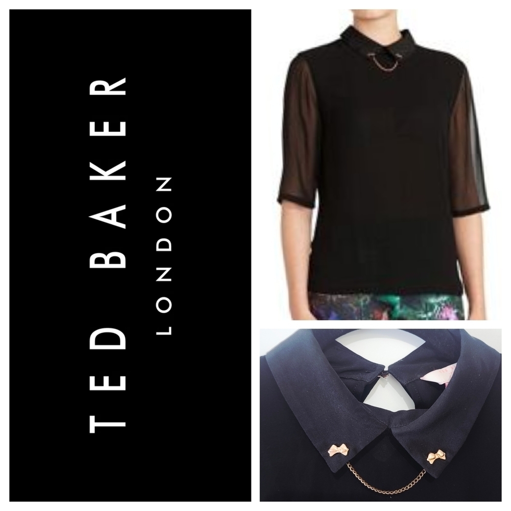 Ted Baker Black Sheer Sleeve Bow Collar Chain Detail Top Size 0